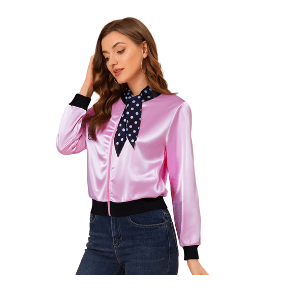Shadoumai Satin Jacket For Women With Neck Scarf Pink Halloween Party Fancy Dress Coat
