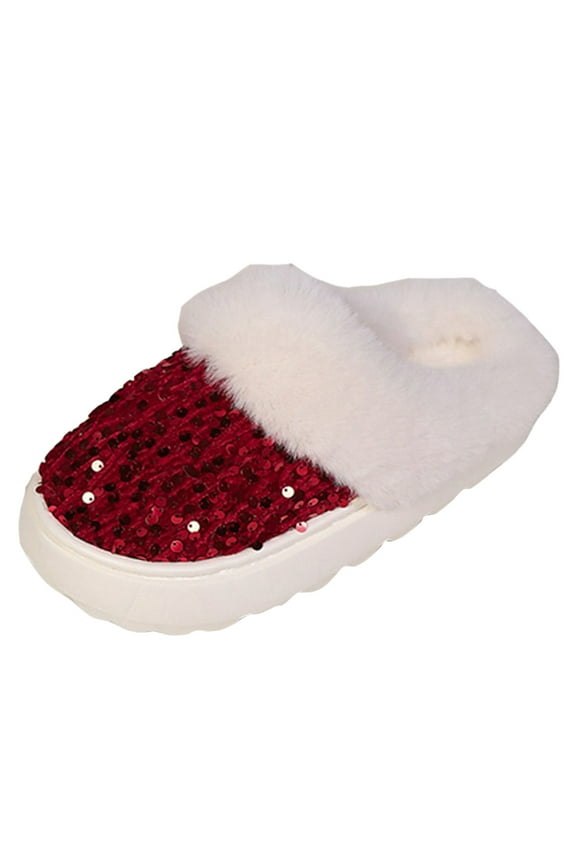 Sequins Slippers for Women Fuzzy Slipper Closed Toe Warm Shoes Comfy Winter House Shoes Indoor Outdoor