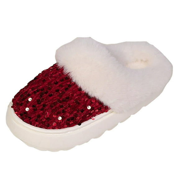 Shadoumai Sequins Slippers for Women Fuzzy Slipper Closed Toe Warm Shoes Comfy Winter House Shoes Indoor Outdoor