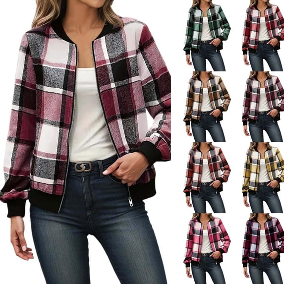 Shadoumai Shackets for Women 2025 Fashion Zip Up Long Sleeve Buffalo Plaid Shirt Cropped Jackets Loose Casual Fall Coat Tops