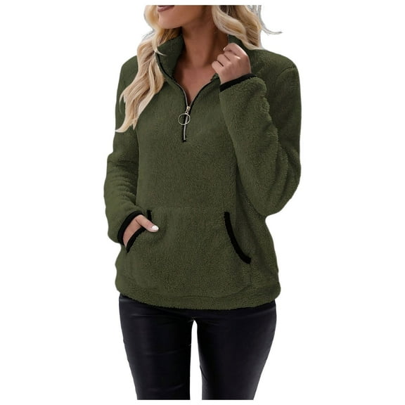 Shadoumai Sherpa Fleece Quarter Zip Pullover For Women Long Sleeve Fluffy Soft Sweaters Jacket Plus Size Winter Coats With Pockets