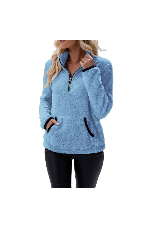 Sherpa Fleece Quarter Zip Pullover For Women Long Sleeve Fluffy Soft Sweaters Jacket Plus Size Winter Coats With Pockets