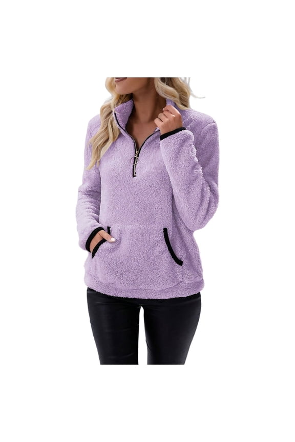 Sherpa Fleece Quarter Zip Pullover For Women Long Sleeve Fluffy Soft Sweaters Jacket Plus Size Winter Coats With Pockets
