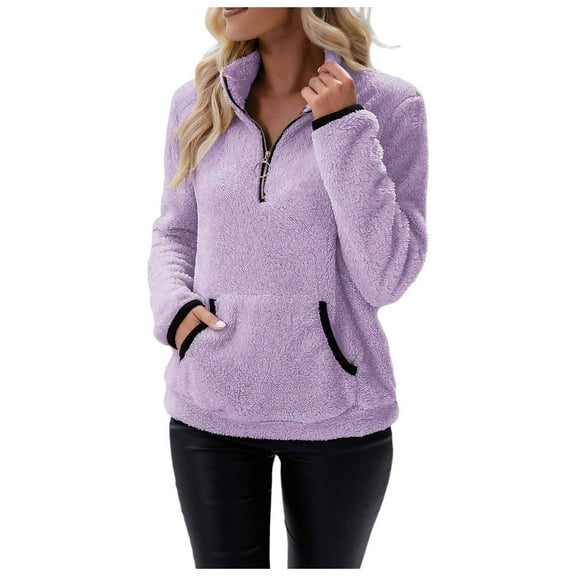 Shadoumai Sherpa Fleece Quarter Zip Pullover For Women Long Sleeve Fluffy Soft Sweaters Jacket Plus Size Winter Coats With Pockets