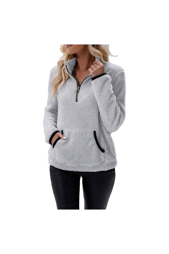 Sherpa Fleece Quarter Zip Pullover For Women Long Sleeve Fluffy Soft Sweaters Jacket Plus Size Winter Coats With Pockets