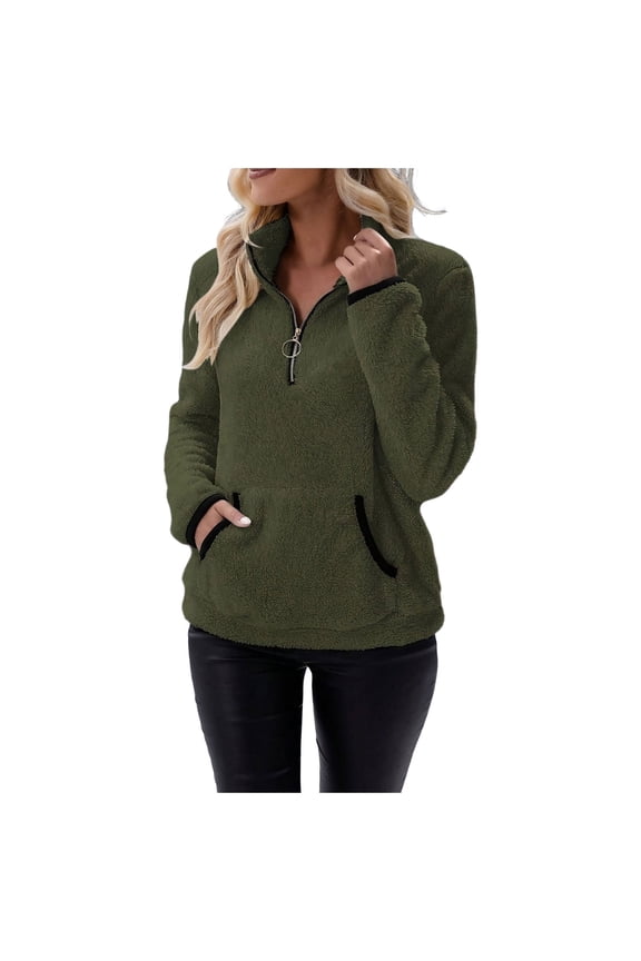 Sherpa Fleece Quarter Zip Pullover For Women Long Sleeve Fluffy Soft Sweaters Jacket Plus Size Winter Coats With Pockets