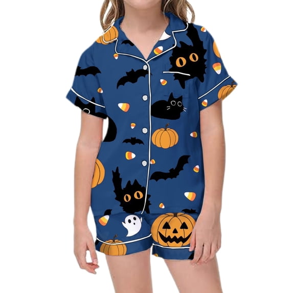 Shadoumai Silk Halloween Pajamas for Set Button Front Pumpkin Print Short Sleeved Button Top Soft Homewear Set Colouring Pajama Sets 2 Piece Pjs for Gifts