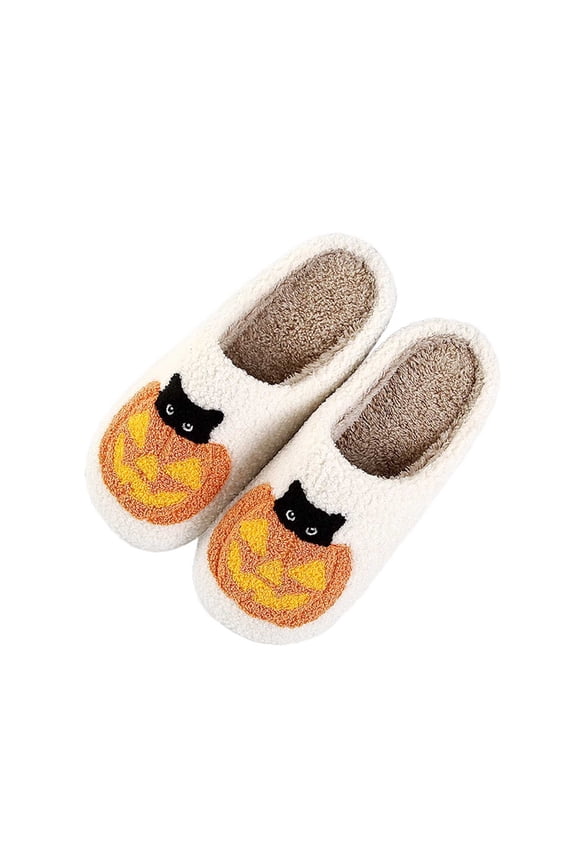 Spooky Slides Halloween Jack O Lantern Pumpkin Indoor Outdoor Fuzzy House Slippers Shoes Gifts For Women Men