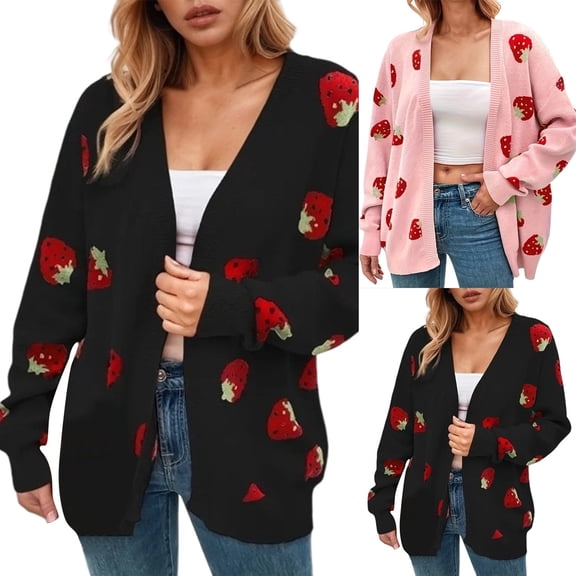 Shadoumai Strawberry Embroidered Cardigan For Women Cute Print Sweater Long Sleeve Open Front Tops Button Down V Neck Knitted Sweaters 2025 Fall Winter Coat