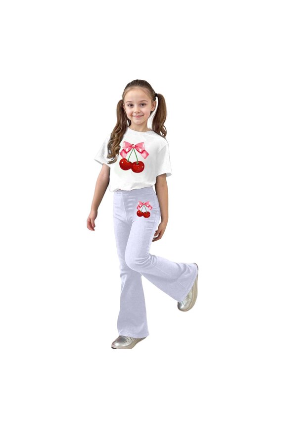 Stylish Girls Casual Playwear Set Flared Pants and Short Sleeve Top Coordinated Two Piece Outfit for Comfortable Summer
