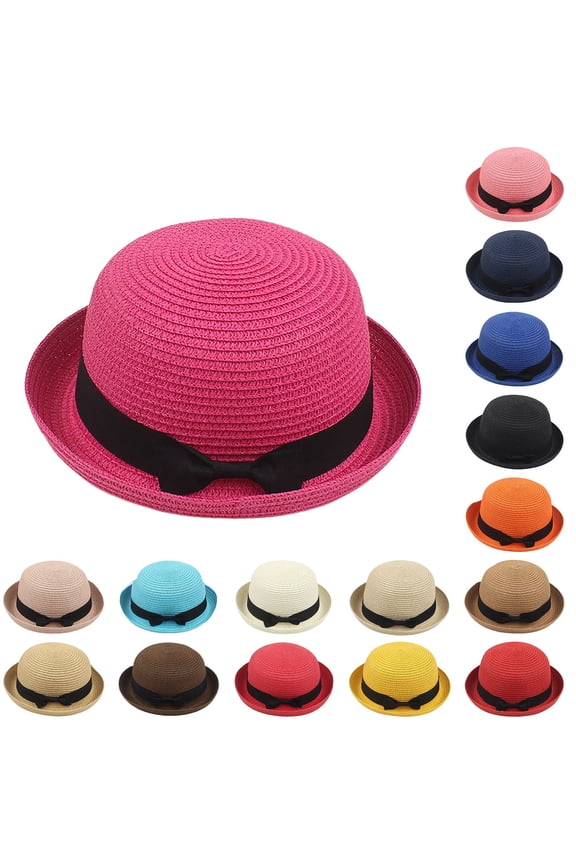 Sun Hats for Women,Summer Beach Cap,Bow Binding Bowler Caps Straw Braided Hat for Travel Camping