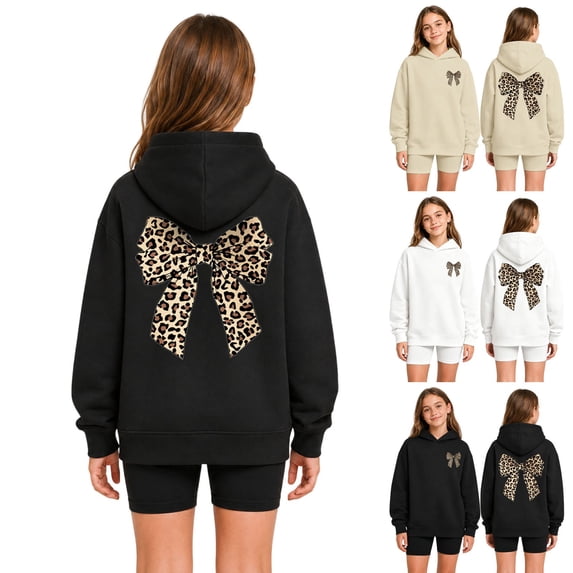 Shadoumai Girls Oversized Pullover Hoodies Leopard Bow Graphic Hooded Sweatshirts Spring Cute Trendy Sweater Pocket