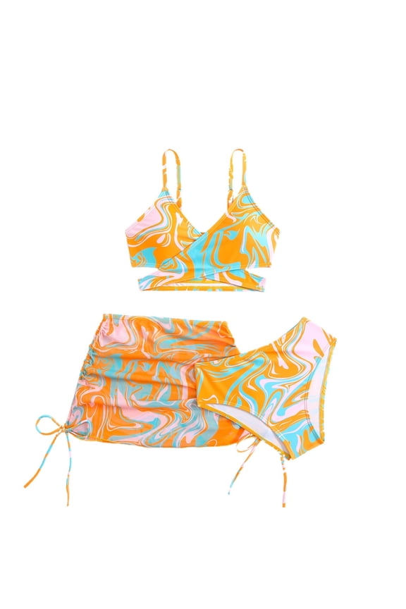 Teen Girls Swimsuit 3 Piece Bikini Set Criss Cross Bathing Suit Color Blocked Girls' Swimwear with Beach Sports Shorts