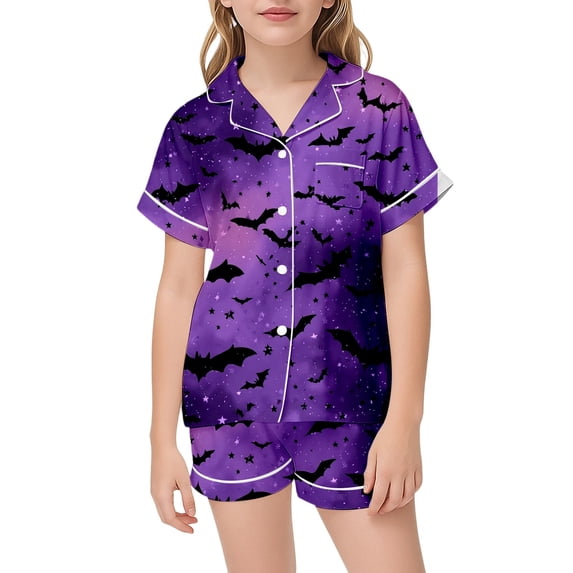 Shadoumai Teen Silk Halloween Pajamas Set Button Up Cute Graphic Print Button Down Short Sleeve & Short Pants Outfit Loose 2 Piece Nightwear 2 Piece Satin Pajama Sets