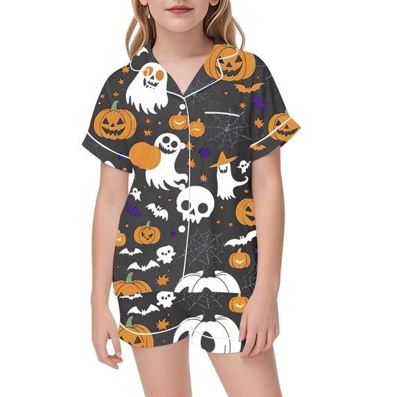 Shadoumai Silk Halloween Pajamas Set Button Front Pumpkin Print Short Sleeve Family Easter Outfits Matching Sets Comfortable Sleepwear Set 2 Piece Pjs for Gifts