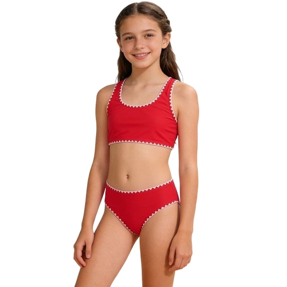 Shadoumai Girls Summer Swimsuit Solid Color Padded Adjustable Strap Tankini Shorts Set Girls Ruffled Beach Bathing Suit