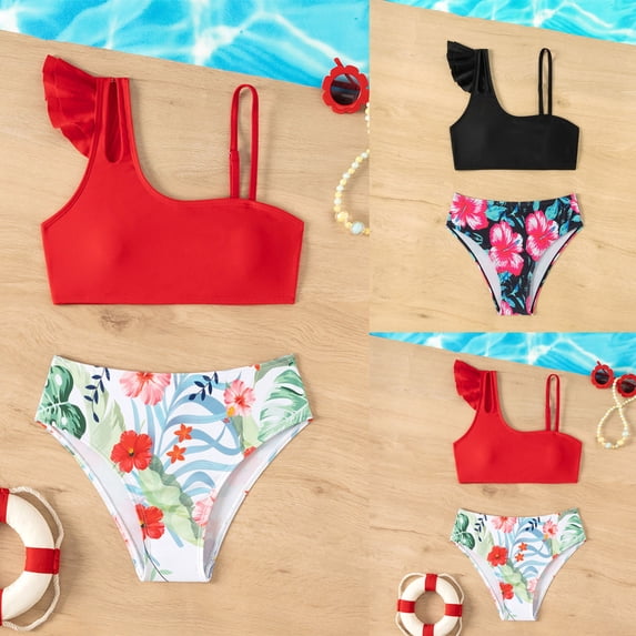Shadoumai Girls Swimsuit Cut Out Bikini Sets for Girls Adjustable Strap Girls Tankini Swimsuit 2-Piece Girls Bathing Suit Tropical Printed Swimwear with Cover Up Beach Skirt