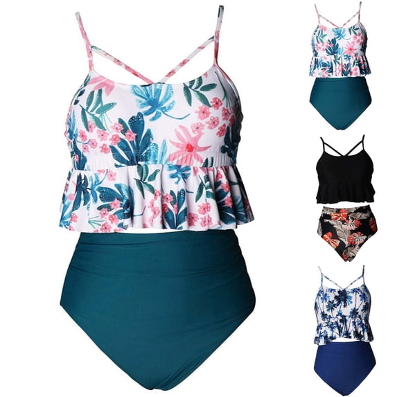 Shadoumai Girls Swimsuit Cute Ruffle Bikini Set Tie-Straps Tankini Set 2-Piece Girls Dress Up Clothes Ruched Color Block Swimwear Shorts and Skirt
