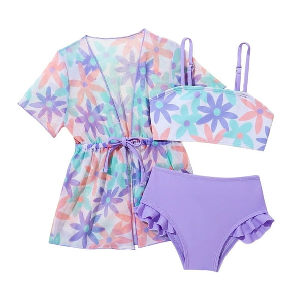 Shadoumai Teens Girls Swimsuit Ribbed Bikini Set Adjustable Strap Tankini 3-Piece Girls Dress Up Clothes Color Block Beach Swimwear