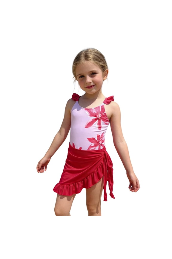 Girls Swimsuit Ruched Side Bikini Sets Adjustable Straps Tankini Set 3 Pieces Ruched Side Beach Skirt Cute Ruched Bathing Suit