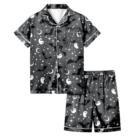 Shadoumai Silk Halloween Pajamas Button Front Graphic Print Button Down Short Set Sleepwear for Shirt and Pant Matching Casual Home Outfit 2 Piece Summer Loungewear