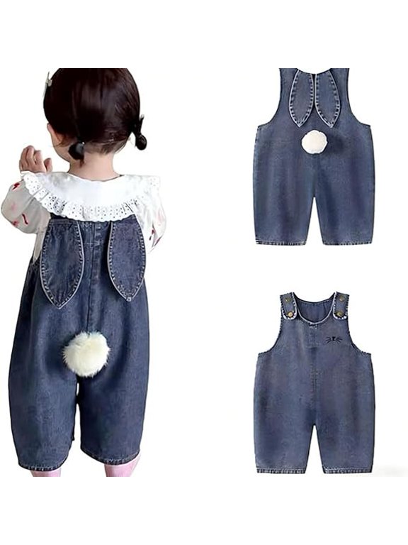 Toddler Baby Easter Outfit Overall Pants Boy Girl Bunny Ear Denim Romper with Pom Pom Tail Jeans Jumpsuit