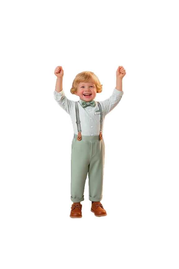 Toddler Boy Formal Suspenders Outfit Two Piece Set With Bow Tie For First Birthday Party Photoshoot And
