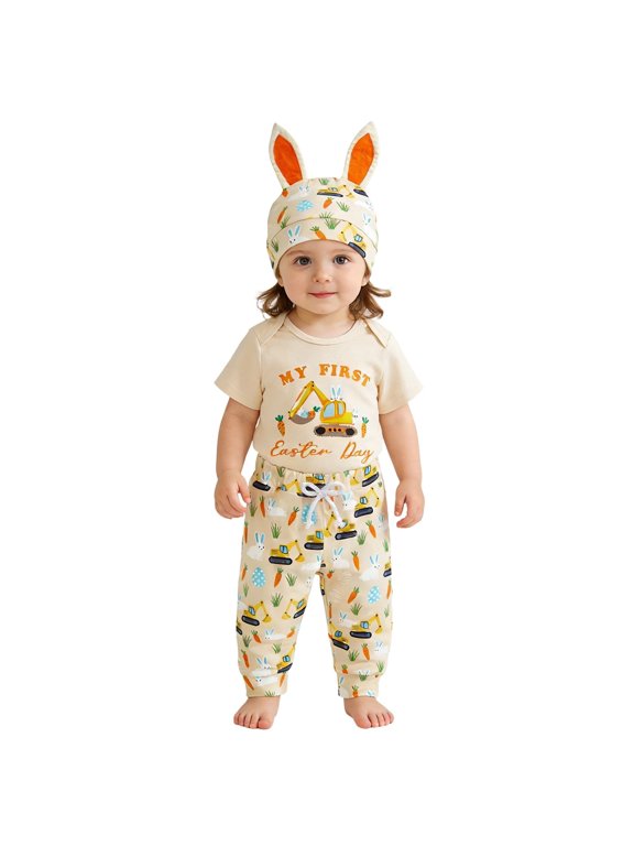 Toddler Easter Outfit Girl Cartoon Bunny Happy Easter Crew Neck Short Sleeve Top and Shorts Set Summer Outfits for Girls