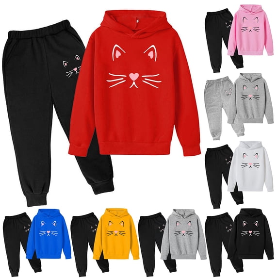 Shadoumai Toddler Girl Clothes Cat Face Print Short Sleeve Top+Pants Outfits Girl Spring and Fallr 2-Piece Set,Grey(7-8 Years)