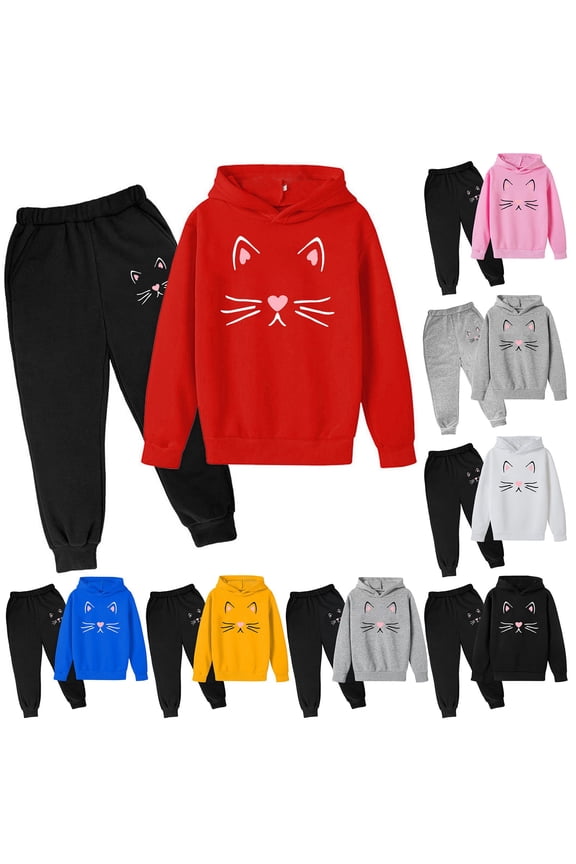 Toddler Girl Clothes Cat Face Print Short Sleeve Top+Pants Outfits Girl Spring and Fallr 2-Piece Set,Red(3-4 Years)