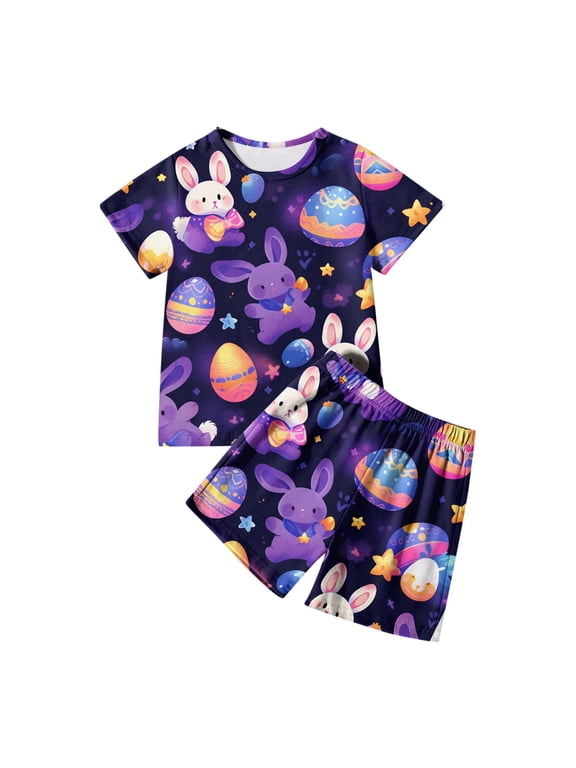 Toddler Girl Easter Outfit Rabbit Tops Egg Happy Easter Short Sleeves T Shirt Tops and Plaid Shorts Casual Outfit for