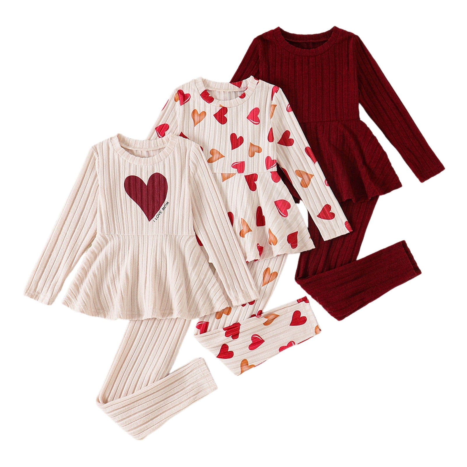 Shadoumai Toddler Girl Valentines Day Outfit 3PC Waffle Heart Sweatshirt Pants Set Baby Girls Spring Pullover Top Jogger Clothes