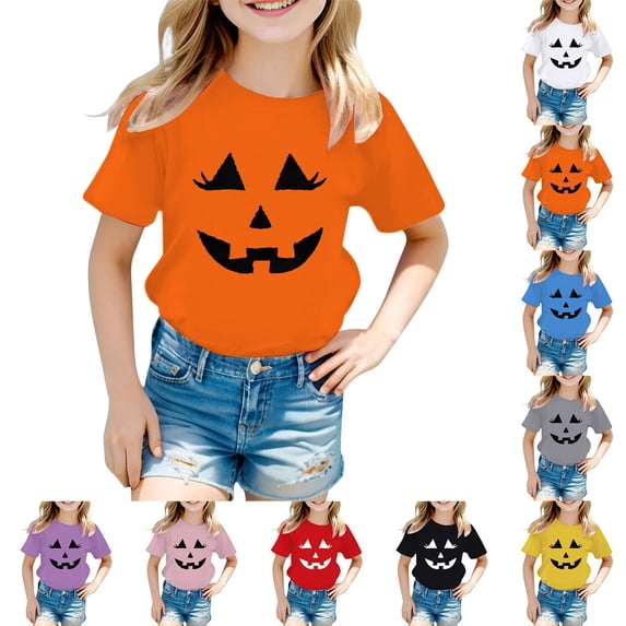 Shadoumai Toddler Girls Halloween Short Sleeve Graphic Shirt Pumpkin Tee Top Crew Neck Graphic T-Shir for Halloween Party Pumpkin Face Print Tshirt Clothes