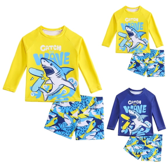Shadoumai Toddler Swimsuit Set Boys Two Piece Shark Bathing Suit Swimwear Quick Dry Long Sleeve Rashguard and Swim Trunks Orange 5-6Y 130, Bathing Suit Boy,Boy Swimsuit Size 8