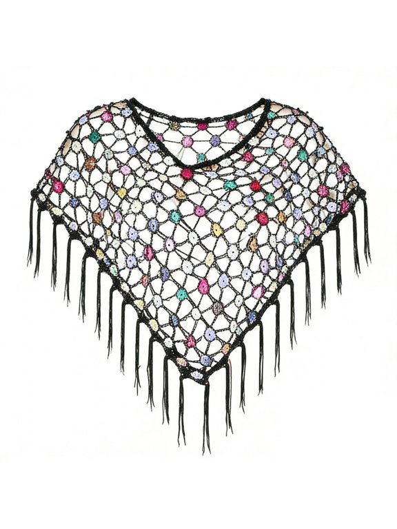 Trendy Beach Swimsuit Cover Up for Women, Boho Colorful Floral Bathing Suit Shawl, Weave Hollow Bikini Wrap
