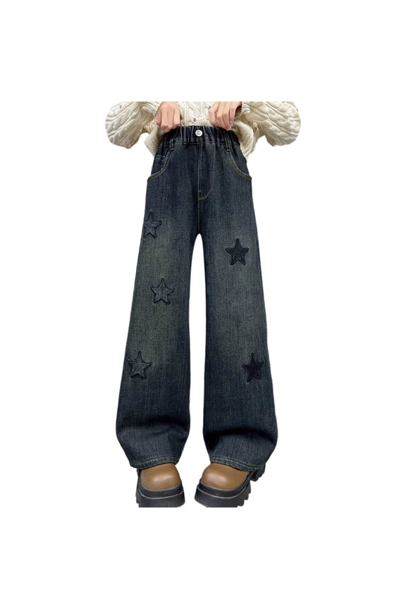 Tween Girls' Jeans Heart Embroidered Casual Zipper Fly Wide Leg Distressed Ripped Washed Denim Pants