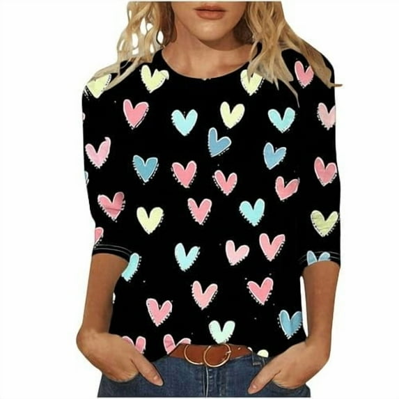 Shadoumai Valentine Day Shirts for Women 3/4 Sleeve Crew Neck Valentine T Shirts Funny Love Heart Printed Graphic Tee Tops