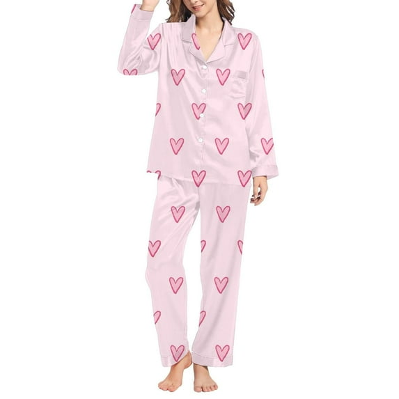 Shadoumai Valentine's Day Pajamas Sets Women Cute Pink Heart Print Pjs Sets Shirt Top Pants 2 Piece Sets Sleepwear