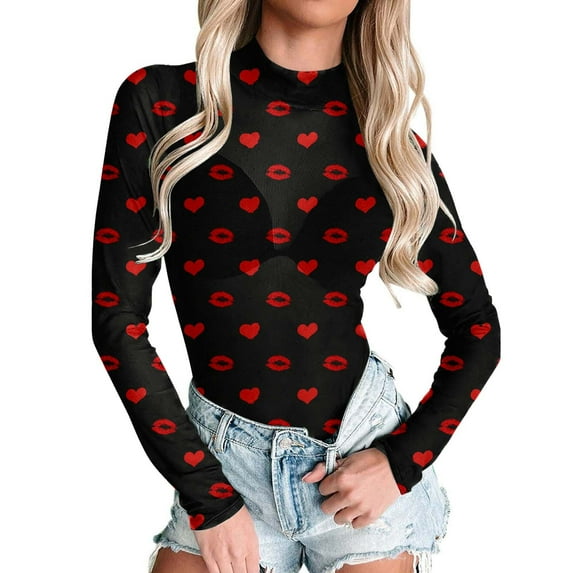 Shadoumai Valentines Shirts for Women Heart Print Long Sleeve Mesh Top See Through Neck Blouse Valentine Outfits