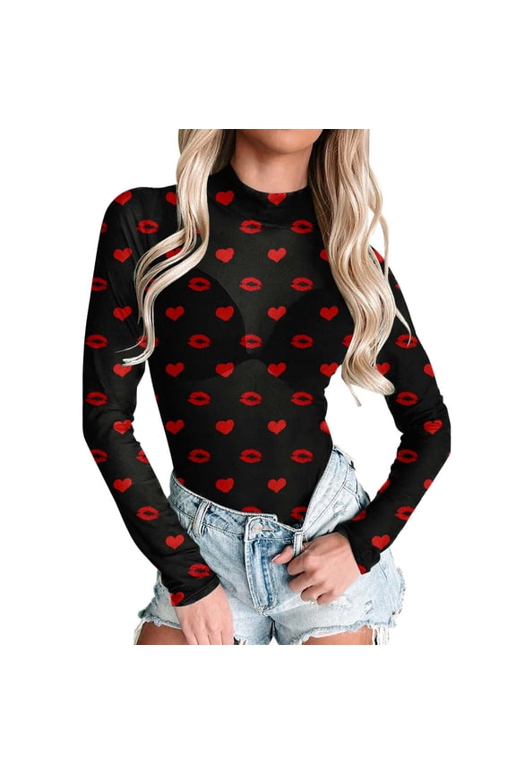 Valentines Shirts for Women Heart Print Long Sleeve Mesh Top See Through Neck Blouse Valentine Outfits