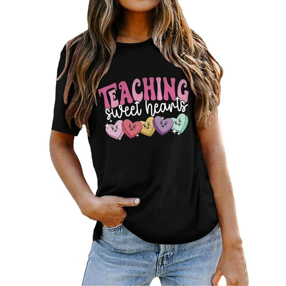 Shadoumai Valentines Shirts for Women Trendy 2026 Cute Love Heart Print Tunic Tops Plus Size Casual Summer 3/4 Sleeve Blouses