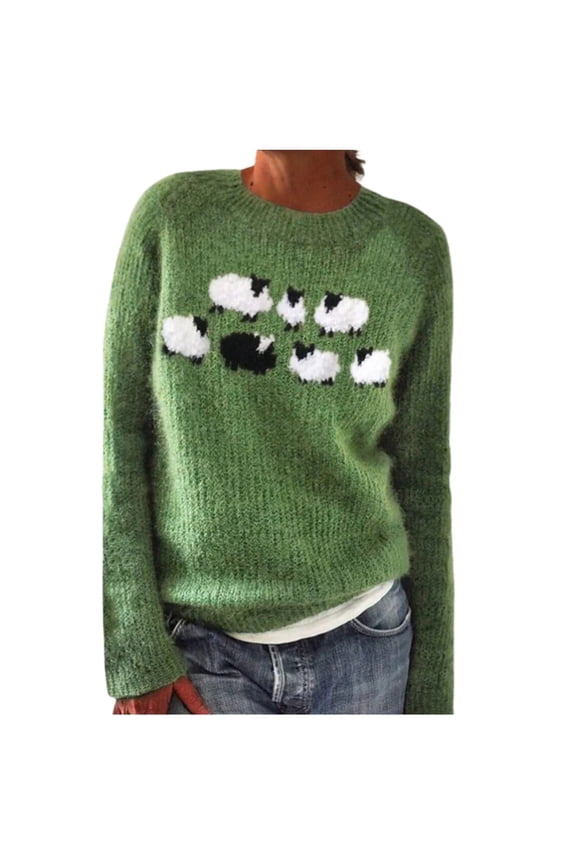 Vintage Sheep Print Sweater For Women Fair Isle Crew Neck Long Sleeve Jumper Tops Plus Size Trendy Fall Winter Sweaters