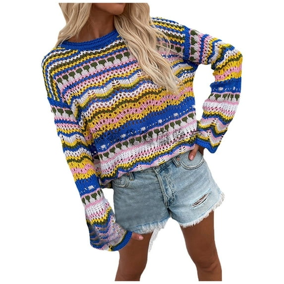 Shadoumai Vintage Sheep Print Sweater For Women Fair Isle Crew Neck Long Sleeve Jumper Tops Plus Size Trendy Fall Winter Sweaters