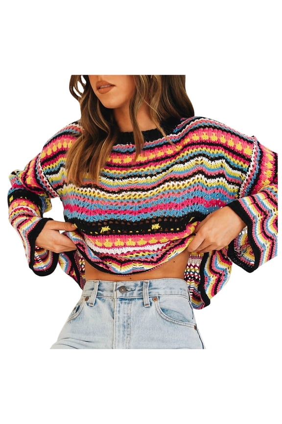 Vintage Sheep Print Sweater For Women Fair Isle Crew Neck Long Sleeve Jumper Tops Plus Size Trendy Fall Winter Sweaters