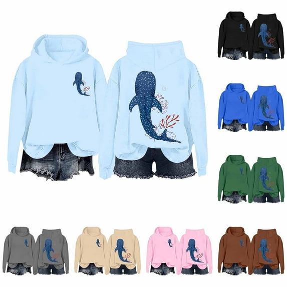 Shadoumai Whale Ocean Hoodie For Women Shark Hoodies Long Sleeve Sweatshirt Ocean Print Pullover Fall Winter Tops 2025