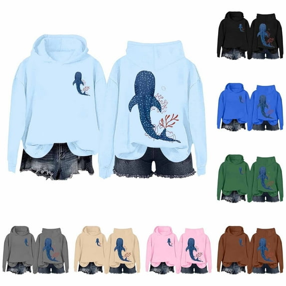 Shadoumai Whale Ocean Hoodie For Women Shark Hoodies Long Sleeve Sweatshirt Ocean Print Pullover Fall Winter Tops 2025
