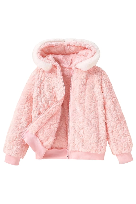 Winter Girls Fleece Hooded Jacket With Jacquard Pattern Cozy Lined Outerwear For Cold Weather