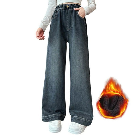Shadoumai Winter Warm Lined Baggy Jeans for Girls Elastic Waist Wide Leg Cargo Trousers with Multiple Pockets Comfortable Denim Pants
