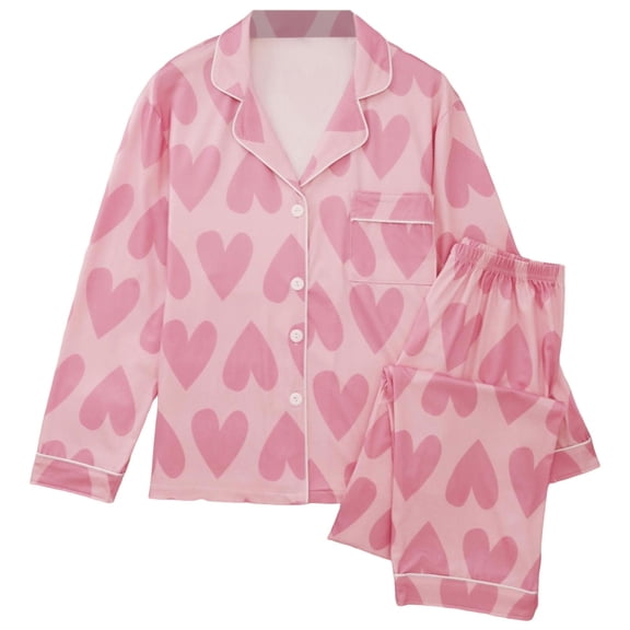 Shadoumai Women 2 Piece Pajama Set Heart Print Long Sleeves Button Down Lapel Shirt Long Pants Matching Sets Loungewear