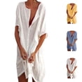 thumbnail image 1 of Shadoumai Women Cotton Linen Shirt Dress Solid Color Short Sleeve Button Down Shirts Dresses Swimsuit Beach Cover up Sundress, 1 of 6